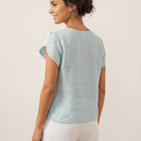 100% Linen Crescent Collar Flutter Sleeve Top FARA