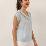 100% Linen Crescent Collar Flutter Sleeve Top FARA