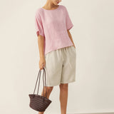 100% Linen Round Neck Back Opening Top URIELLE