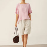 100% Linen Round Neck Back Opening Top URIELLE