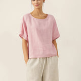 100% Linen Round Neck Back Opening Top URIELLE