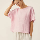 100% Linen Round Neck Back Opening Top URIELLE