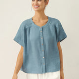 100% Linen Short Sleeve Crew Neck Shirt FINA