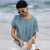 100% Linen Short Sleeve Crew Neck Shirt FINA