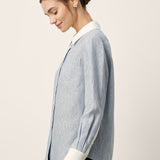 100% Linen Striped Patchwork Pleat Shirt THEA