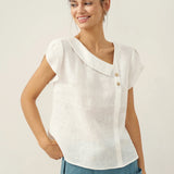 100% Linen Crescent Collar Flutter Sleeve Top FARA