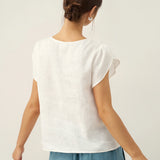 100% Linen Crescent Collar Flutter Sleeve Top FARA