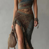 María - Asymmetrical long dress with ethnic print and side slit