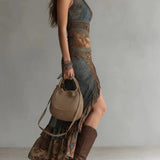 María - Asymmetrical long dress with ethnic print and side slit